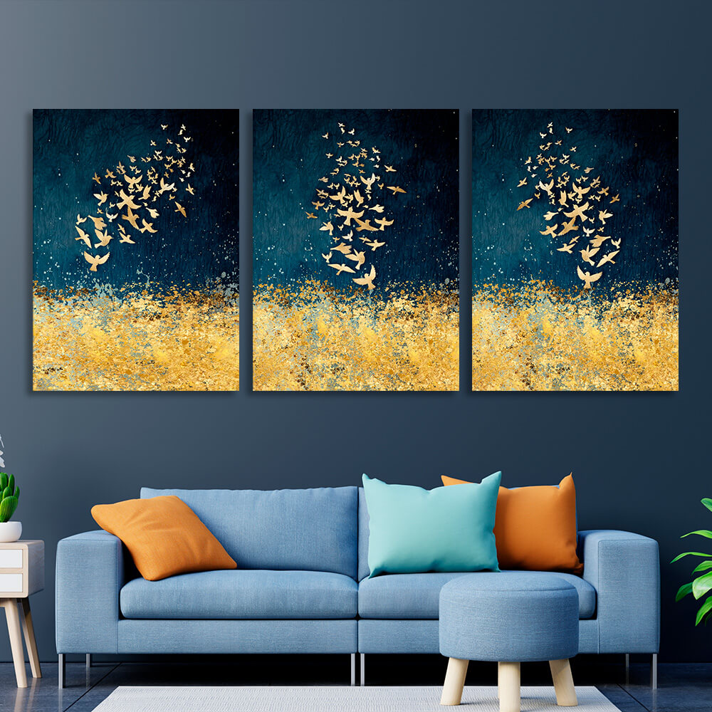 Modular abstraction in shades of gold and blue Multi Panel Canvas Wall Art Print