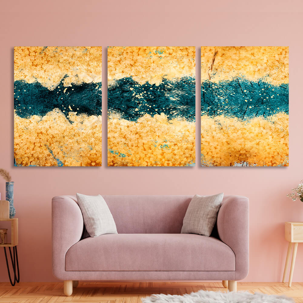 Modular gold abstract with dark green flowers Multi Panel Canvas Wall Art Print