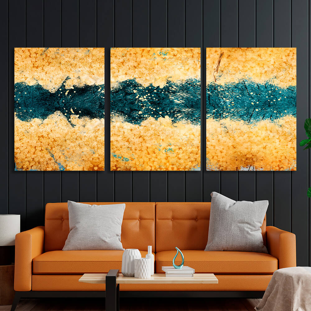 Modular gold abstract with dark green flowers Multi Panel Canvas Wall Art Print