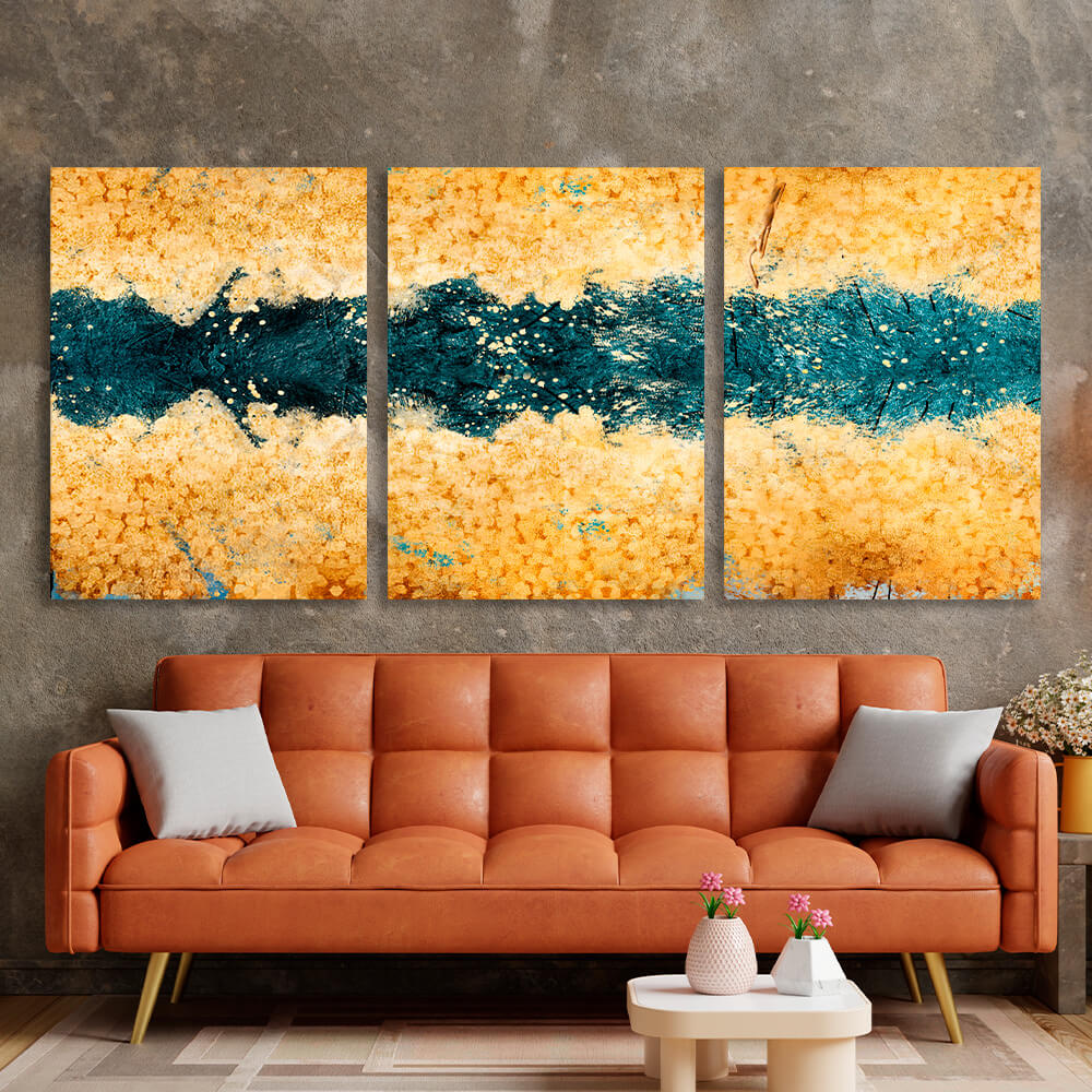 Modular gold abstract with dark green flowers Multi Panel Canvas Wall Art Print