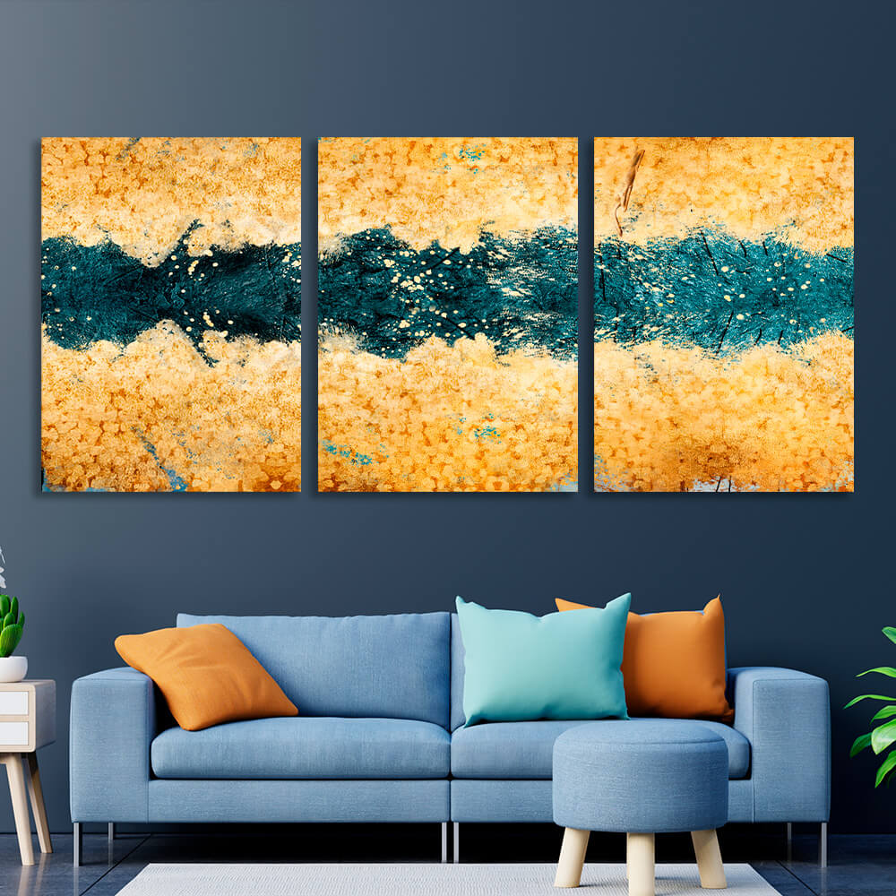 Modular gold abstract with dark green flowers Multi Panel Canvas Wall Art Print