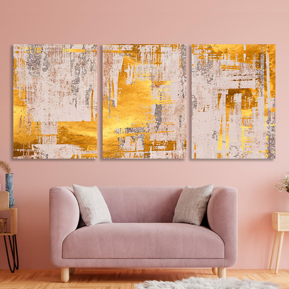 Modular abstraction in beige and gold shades Multi Panel Canvas Wall Art Print