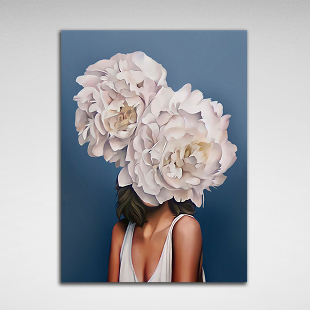 Woman and flowers on blue background Canvas Wall Art Print