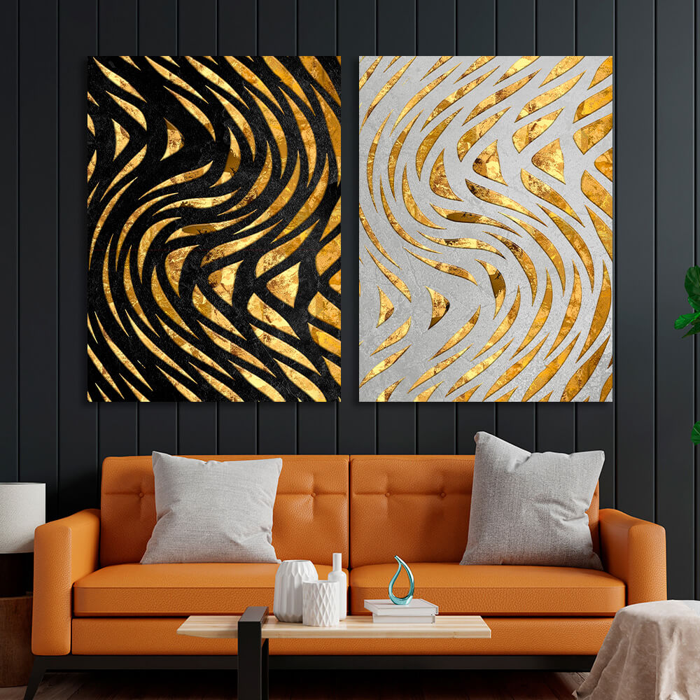 Modularer abstrakter goldener Linien auf weißem und schwarzem Hintergrund, mehrteiliger Leinwand-Kunstdruck