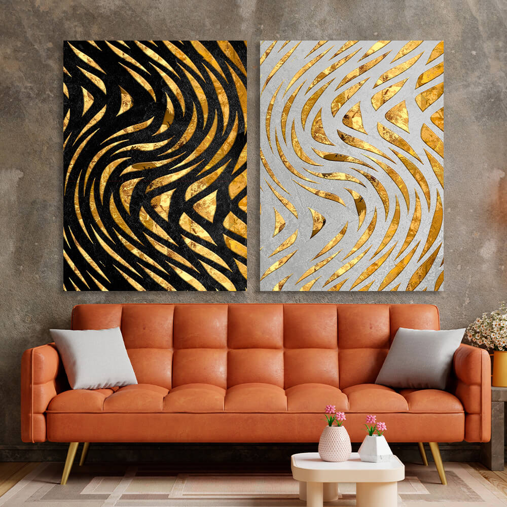 Modular abstract gold lines on white and black background Multi Panel Canvas Wall Art Print