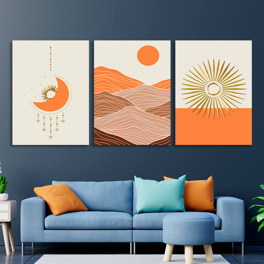 Modular geometric abstraction with bright orange color Multi Panel Canvas Wall Art Print