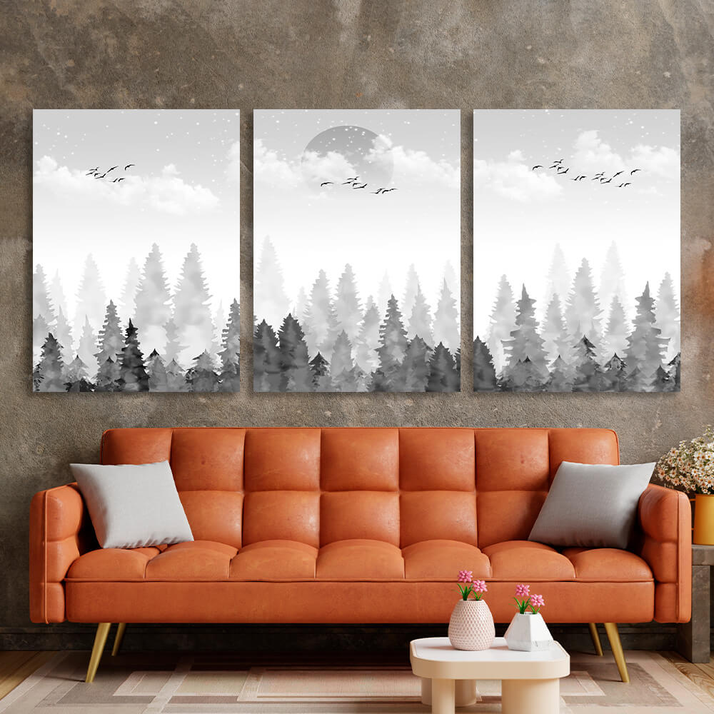 Modular abstract forest in the fog on the background of the moon Multi Panel Canvas Wall Art Print