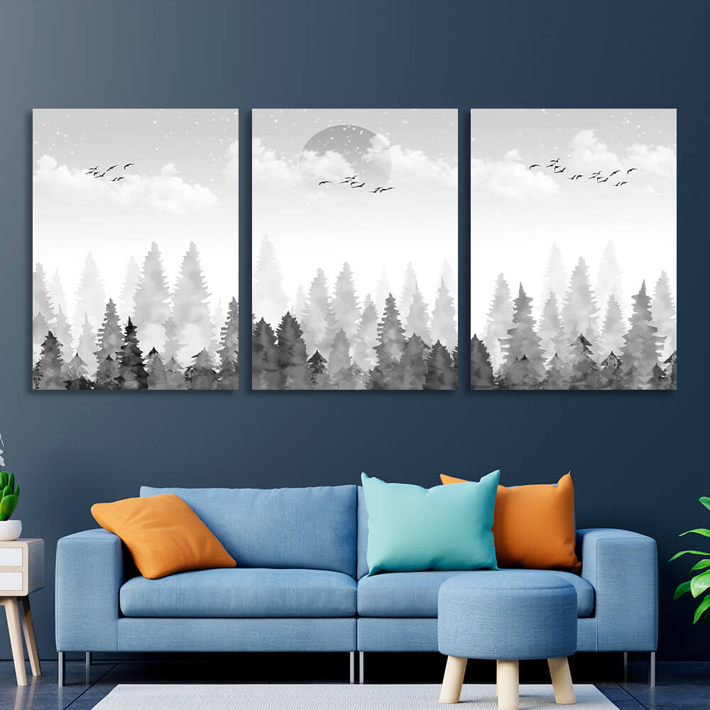 Modular abstract forest in the fog on the background of the moon Multi Panel Canvas Wall Art Print