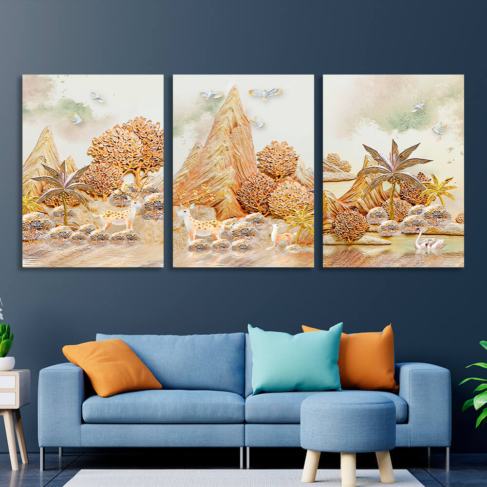 Modular variety of animals, trees and mountains Multi Panel Canvas Wall Art Print