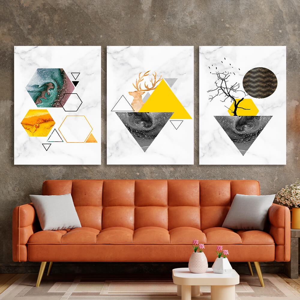 Modular yellow and gray geometric abstraction Multi Panel Canvas Wall Art Print