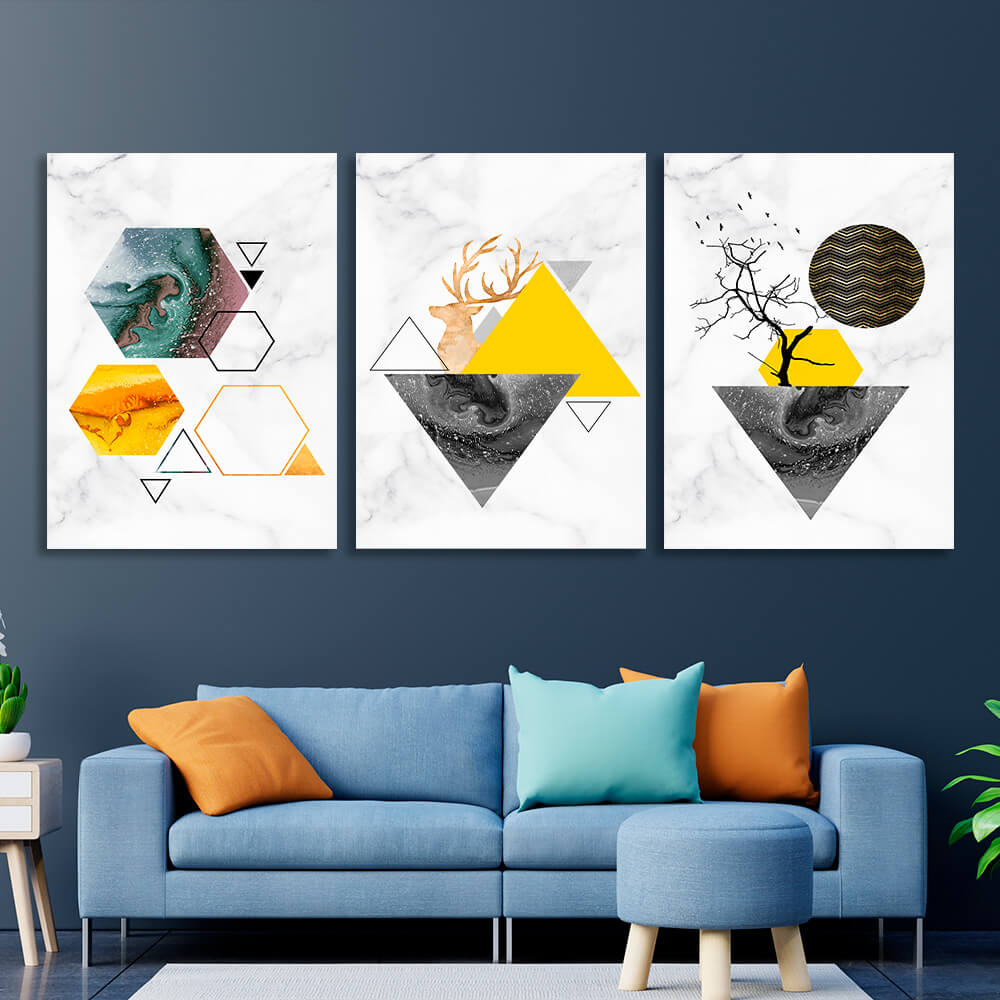 Modular yellow and gray geometric abstraction Multi Panel Canvas Wall Art Print