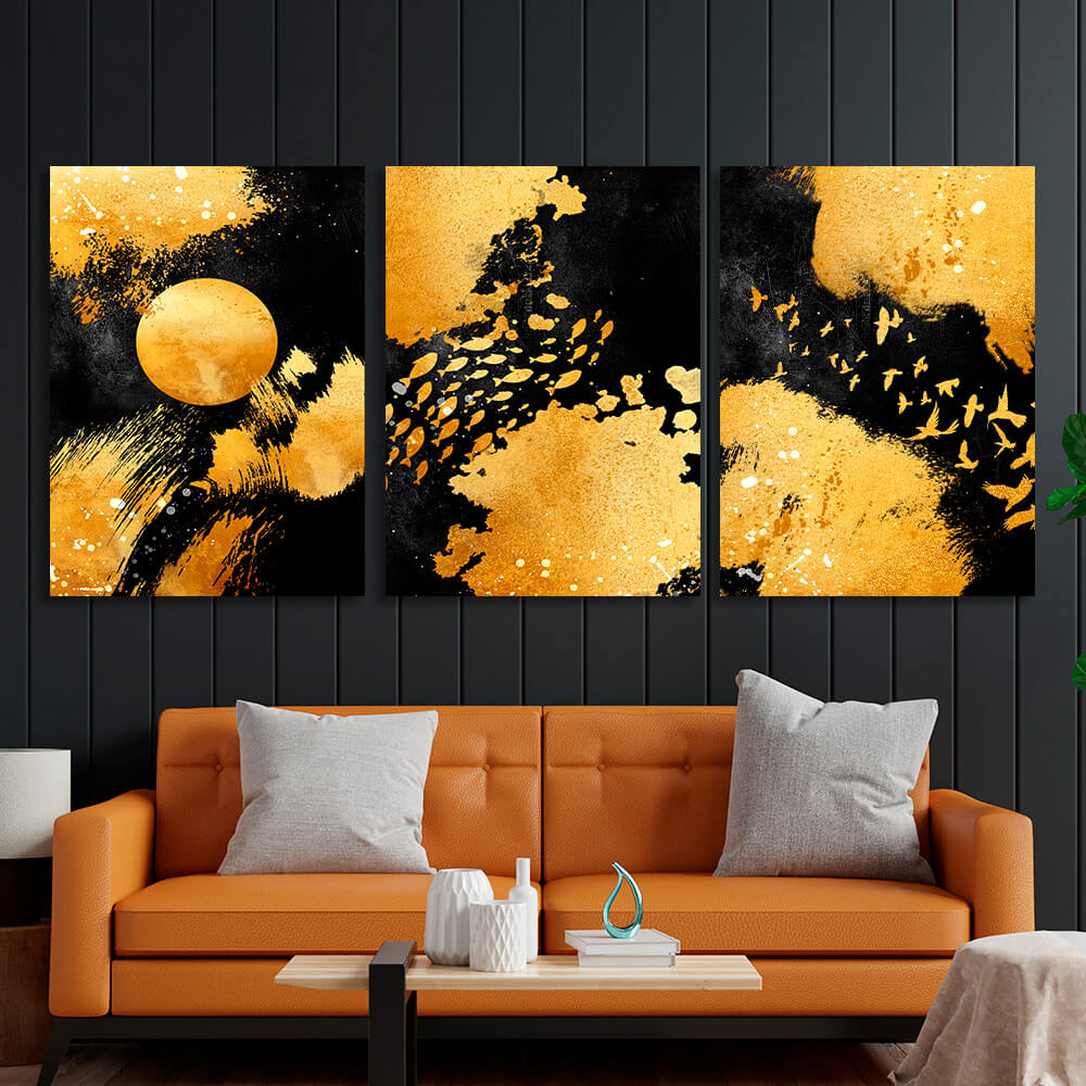 Modular abstract in black and gold colors Multi Panel Canvas Wall Art Print