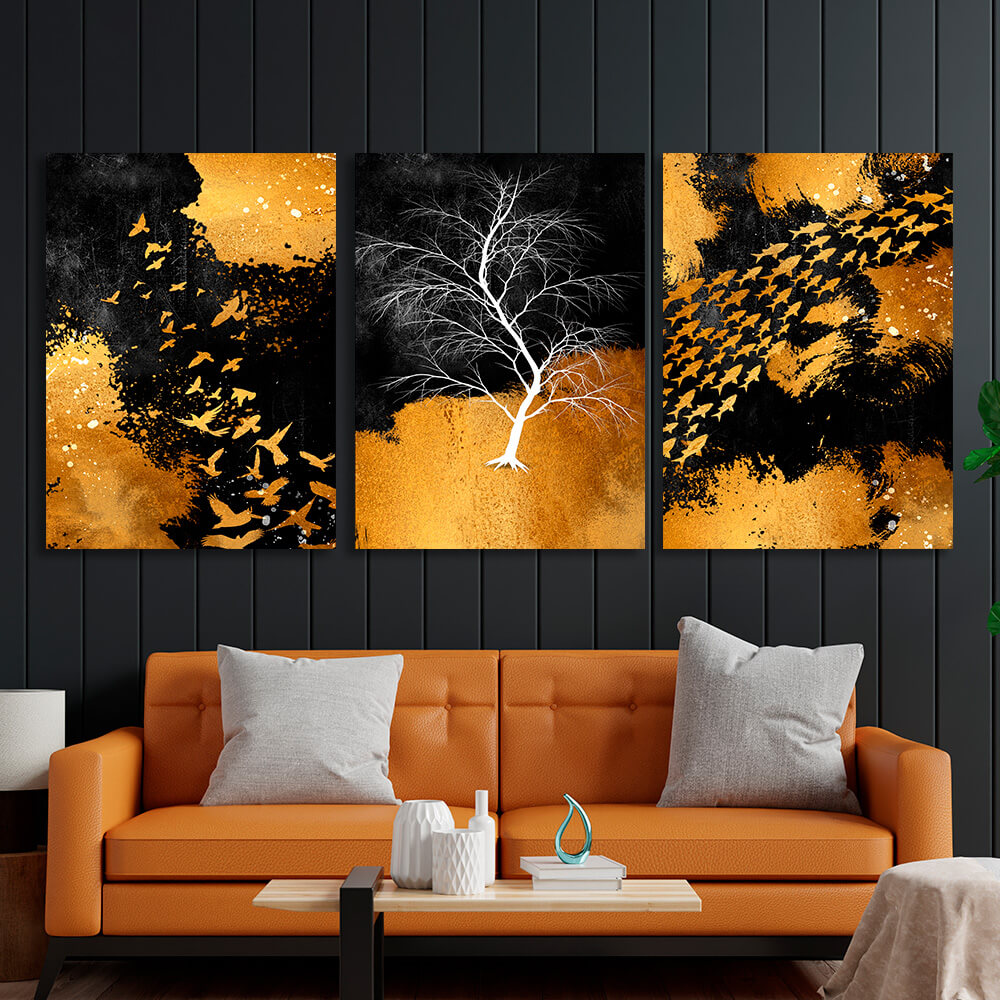 Modular abstraction in black gold and white colors Multi Panel Canvas Wall Art Print