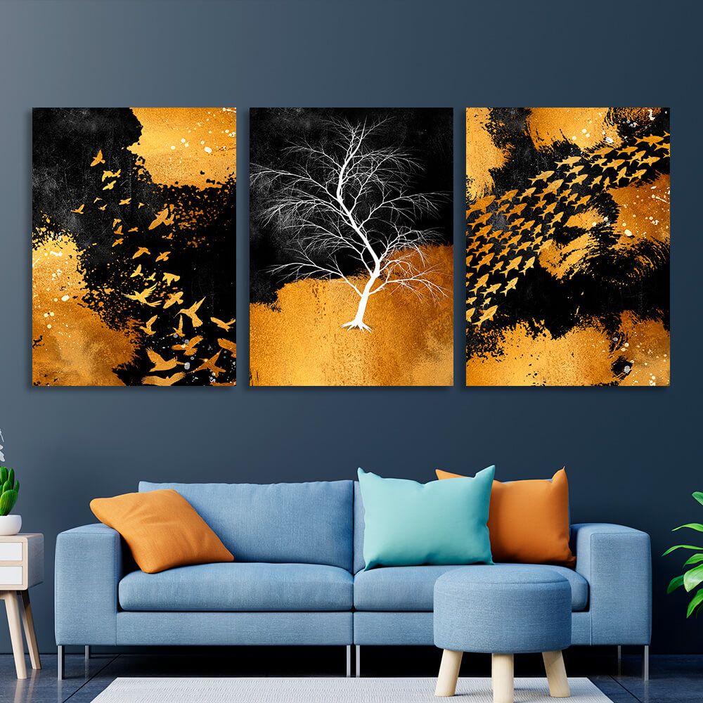 Modular abstraction in black gold and white colors Multi Panel Canvas Wall Art Print