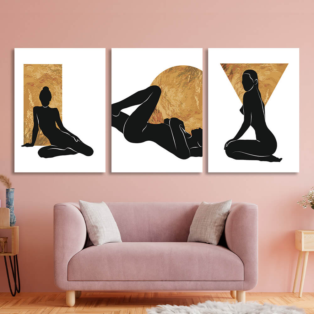 Modular figures of women on a white and gold background Multi Panel Canvas Wall Art Print