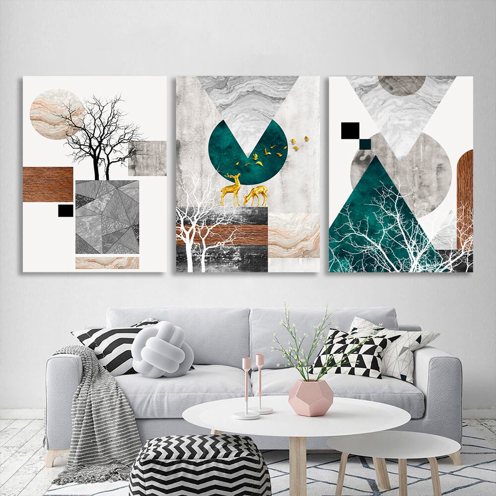 Modular abstract geometric shapes with animals and trees Multi Panel Canvas Wall Art Print