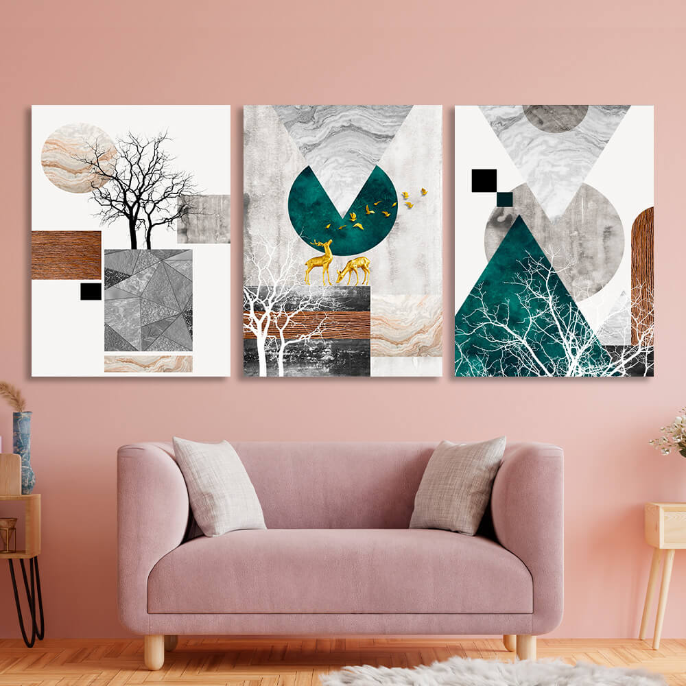 Modular abstract geometric shapes with animals and trees Multi Panel Canvas Wall Art Print