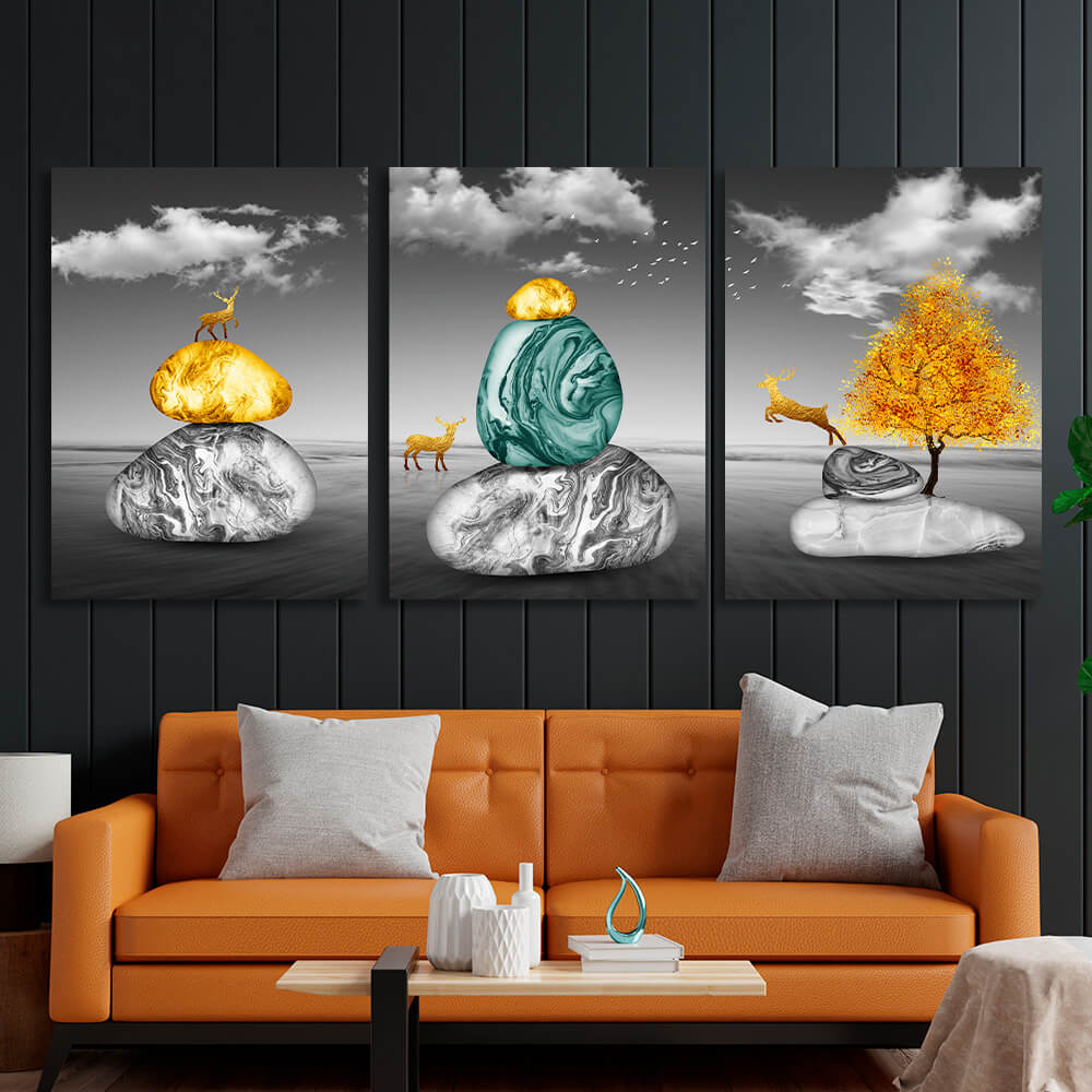 Modular bright stones on a gray background Multi Panel Canvas Wall Art Print