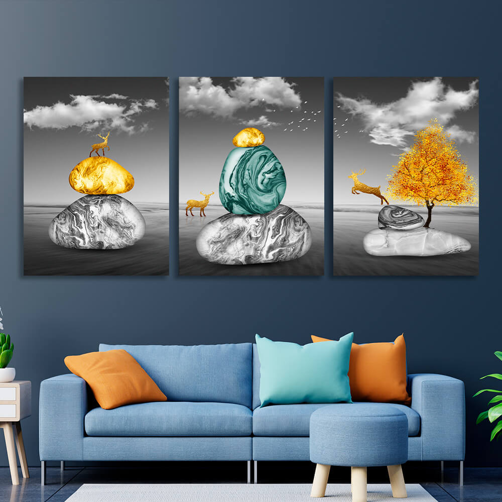 Modular bright stones on a gray background Multi Panel Canvas Wall Art Print