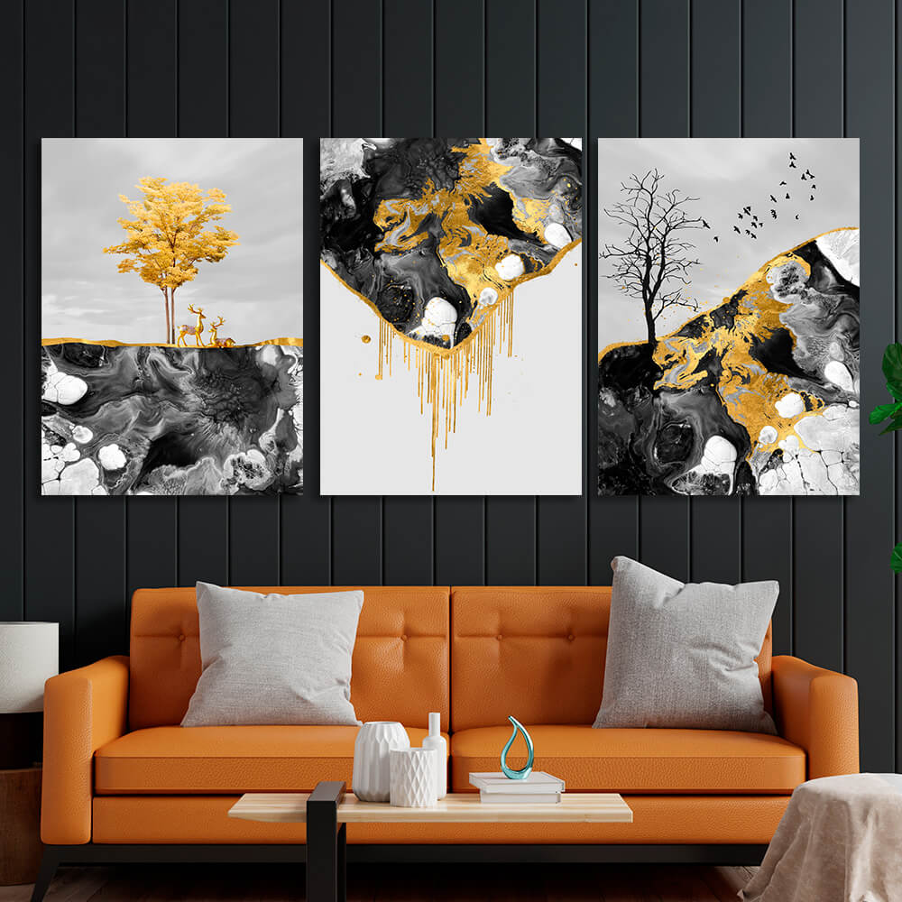 Modular abstract in dark shades with golden color Multi Panel Canvas Wall Art Print