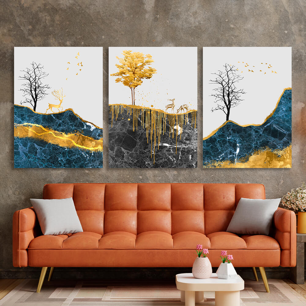 Modular abstract deer walk with pronounced golden color Multi Panel Canvas Wall Art Print