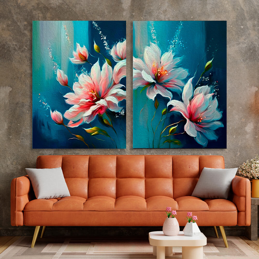 Modular delicate flowers on a background in shades of blue Multi Panel Canvas Wall Art Print