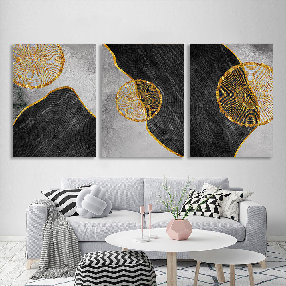 Modular geometric abstraction with golden border of figures Multi Panel Canvas Wall Art Print