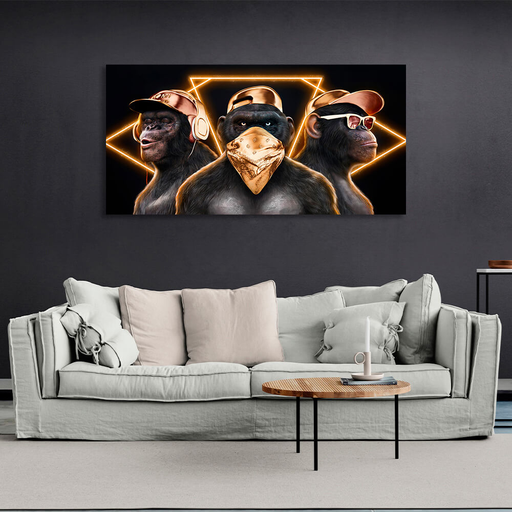 Kunstdruck auf Leinwand, Motiv: Drei Affen mit goldenen Accessoires auf schwarzem Hintergrund