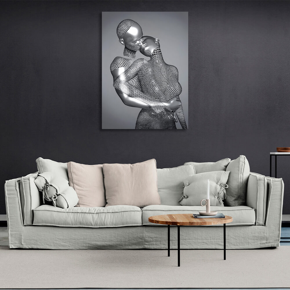 Silver statues on a gray background Canvas Wall Art Print