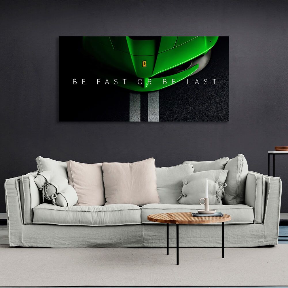 The hood of a green Ferrari Canvas Wall Art Print