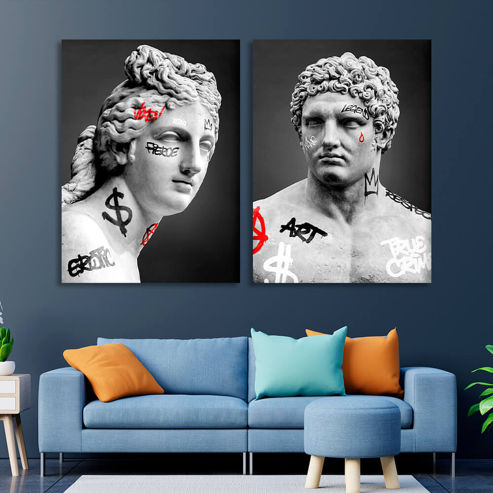 Modular two Greek statues on a gray background Multi Panel Canvas Wall Art Print