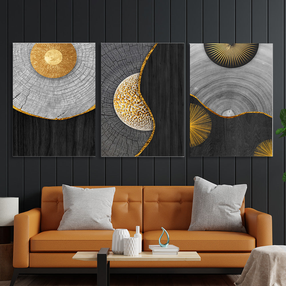 Modular of three-piece black and gray wood Multi Panel Canvas Wall Art Print