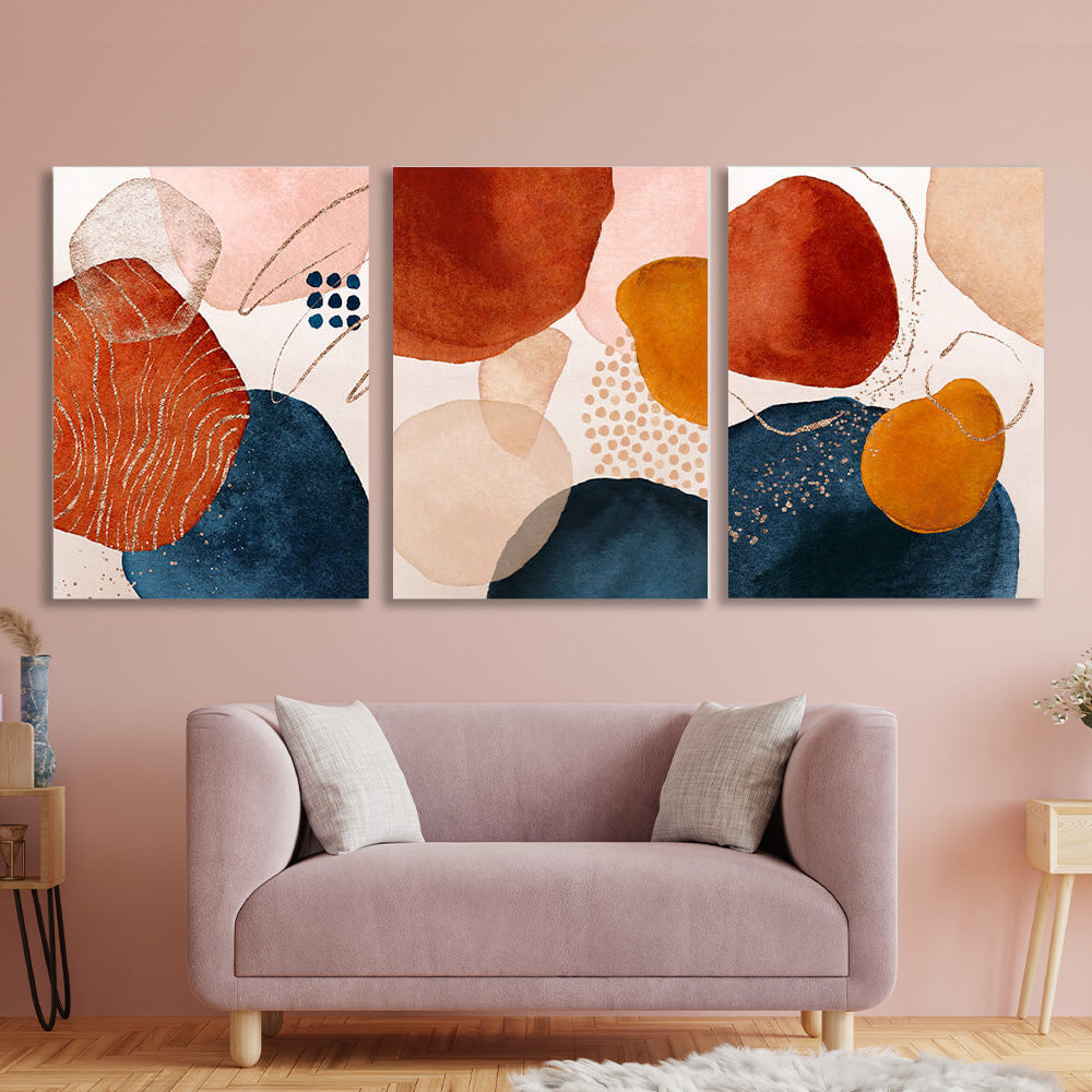 Modular of a three-piece blue and orange abstract Multi Panel Canvas Wall Art Print