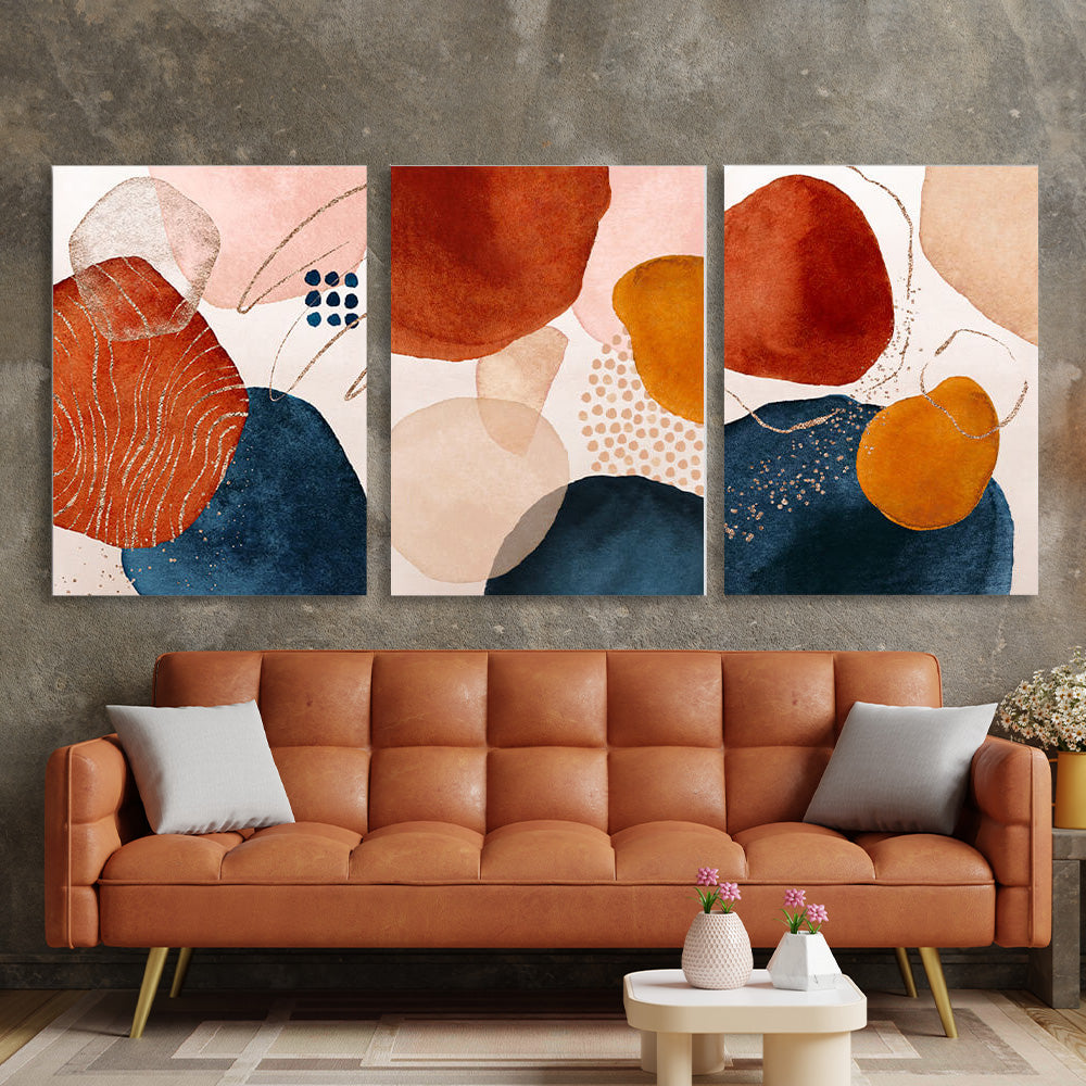 Modular of a three-piece blue and orange abstract Multi Panel Canvas Wall Art Print