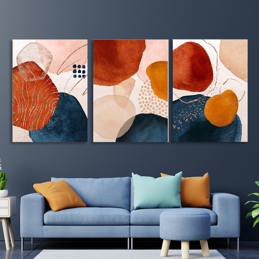 Modular of a three-piece blue and orange abstract Multi Panel Canvas Wall Art Print