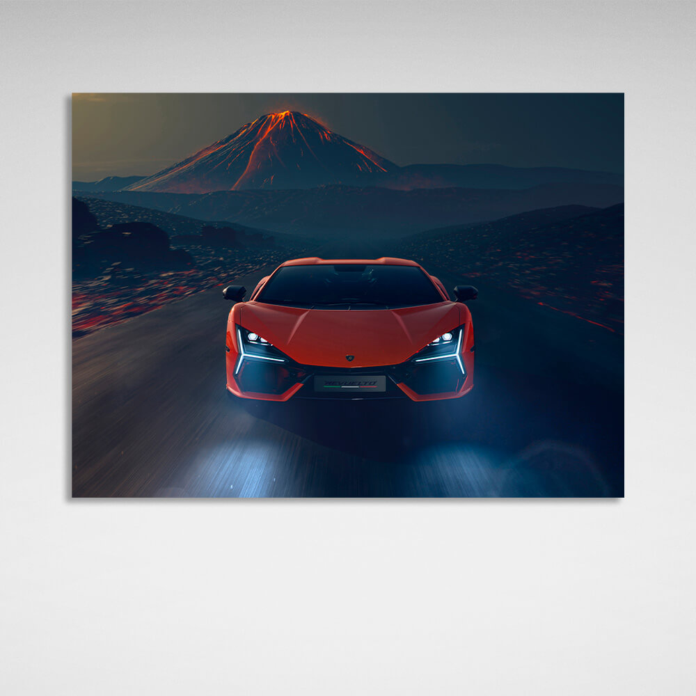 Kunstdruck auf Leinwand, orangefarbenes Lamborghini-Auto mit Vulkan im Hintergrund