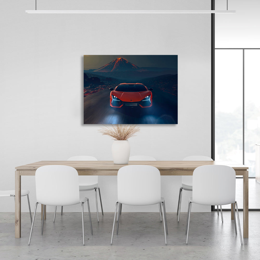 Kunstdruck auf Leinwand, orangefarbenes Lamborghini-Auto mit Vulkan im Hintergrund