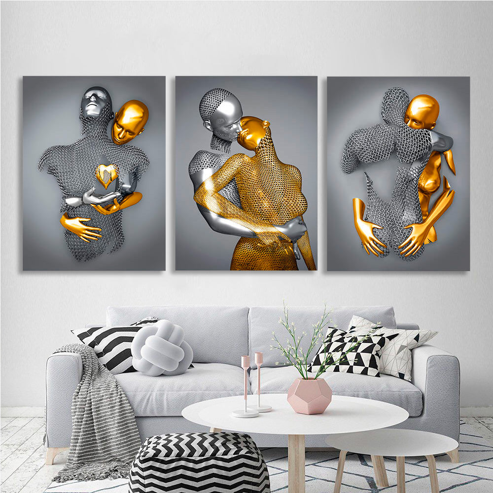 Modulares Dreiteiler-Set für Schlafzimmer, Statuen eines Mannes und einer Frau, Silber und Gold, mehrteiliger Kunstdruck auf Leinwand