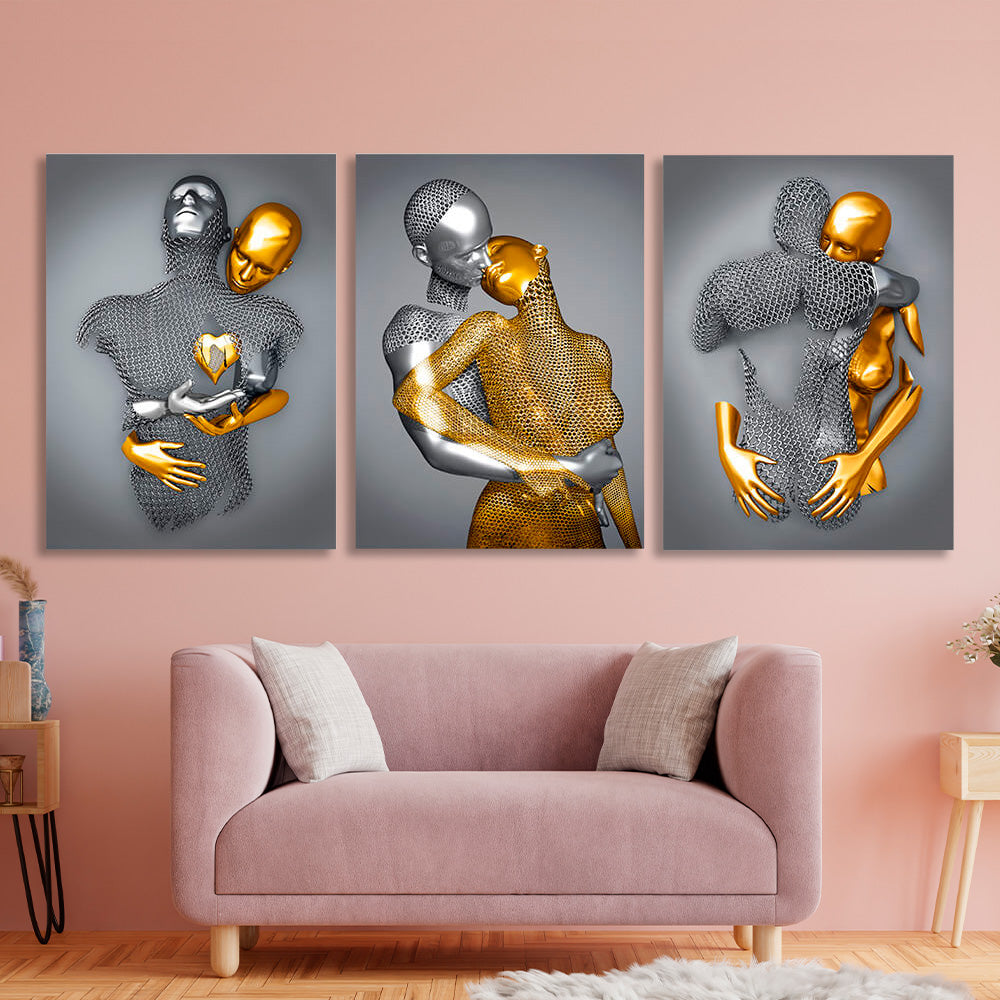 Modulares Dreiteiler-Set für Schlafzimmer, Statuen eines Mannes und einer Frau, Silber und Gold, mehrteiliger Kunstdruck auf Leinwand