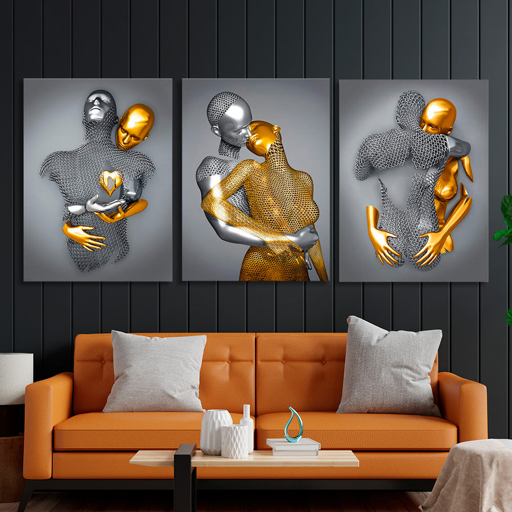 Modulares Dreiteiler-Set für Schlafzimmer, Statuen eines Mannes und einer Frau, Silber und Gold, mehrteiliger Kunstdruck auf Leinwand