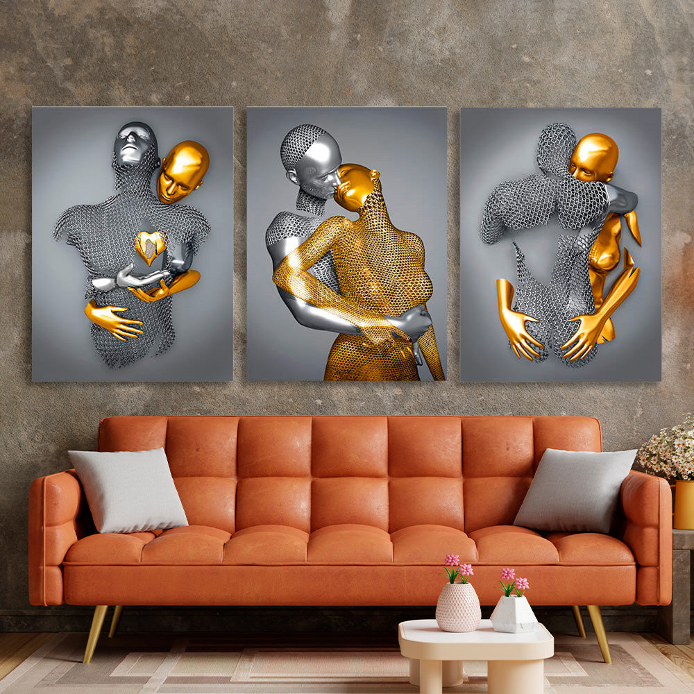 Modular of three pieces for bedroom Statues of a man and a woman silver and gold Multi Panel Canvas Wall Art Print