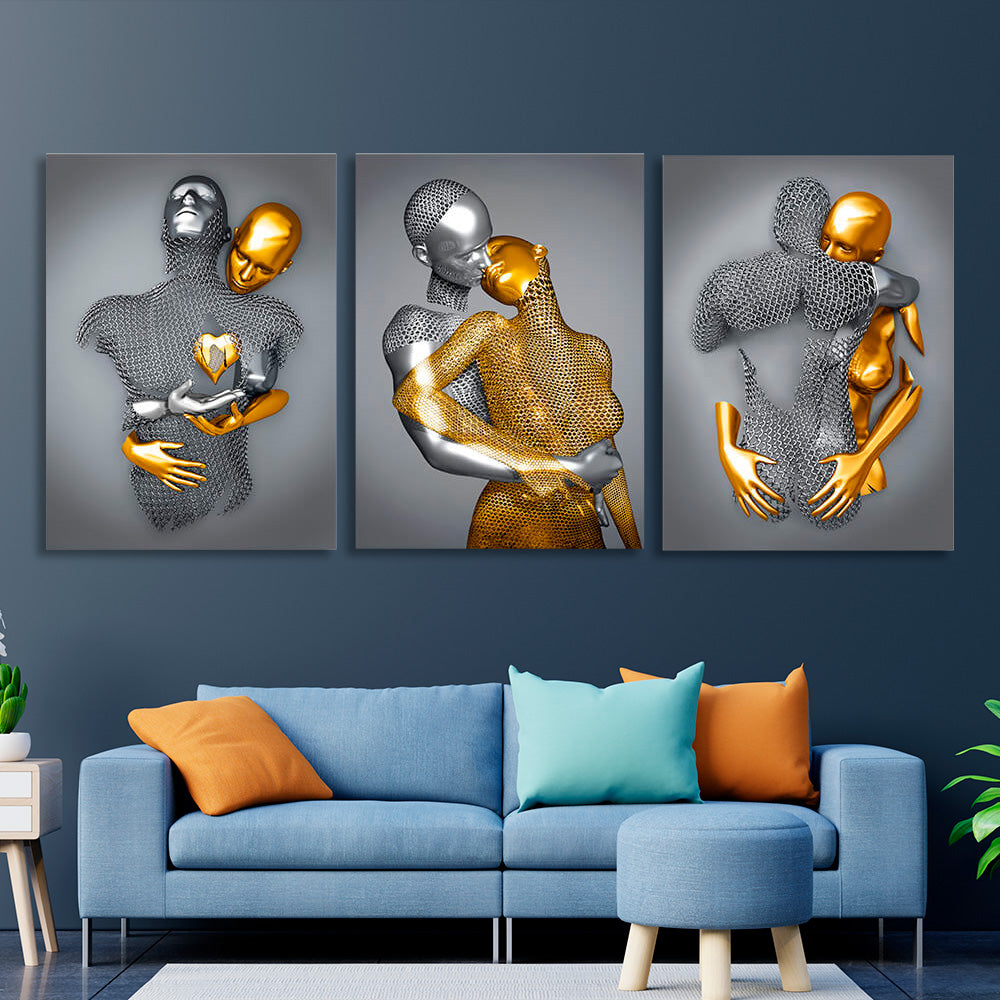 Modulares Dreiteiler-Set für Schlafzimmer, Statuen eines Mannes und einer Frau, Silber und Gold, mehrteiliger Kunstdruck auf Leinwand