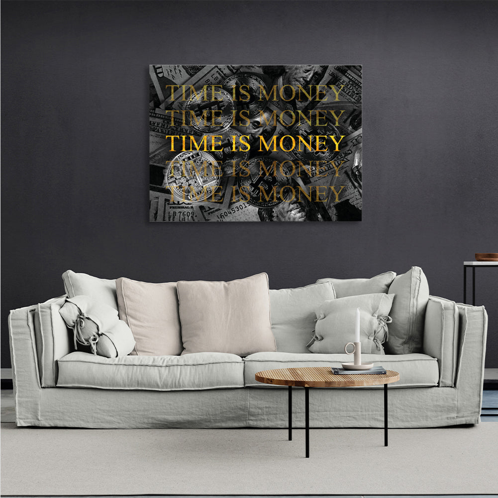 Dollars and bitcoin time money on a gray background Inspirational  Canvas Wall Art Print