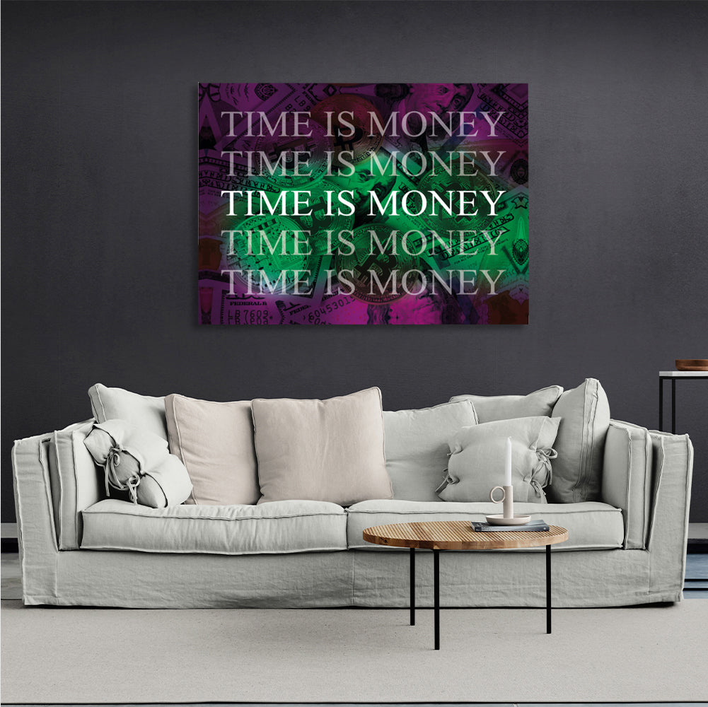 Dollars and bitcoin time is money on a purple background Inspirational  Canvas Wall Art Print