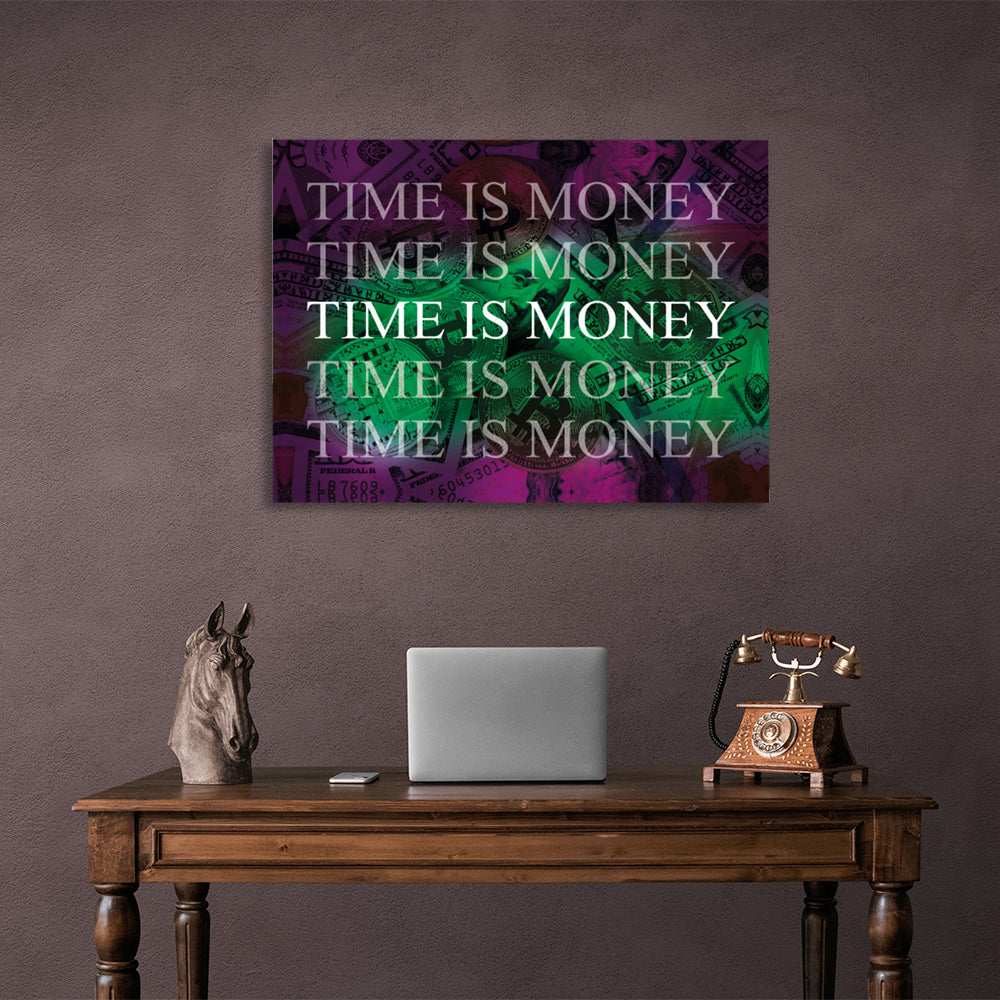 Dollars and bitcoin time is money on a purple background Inspirational  Canvas Wall Art Print