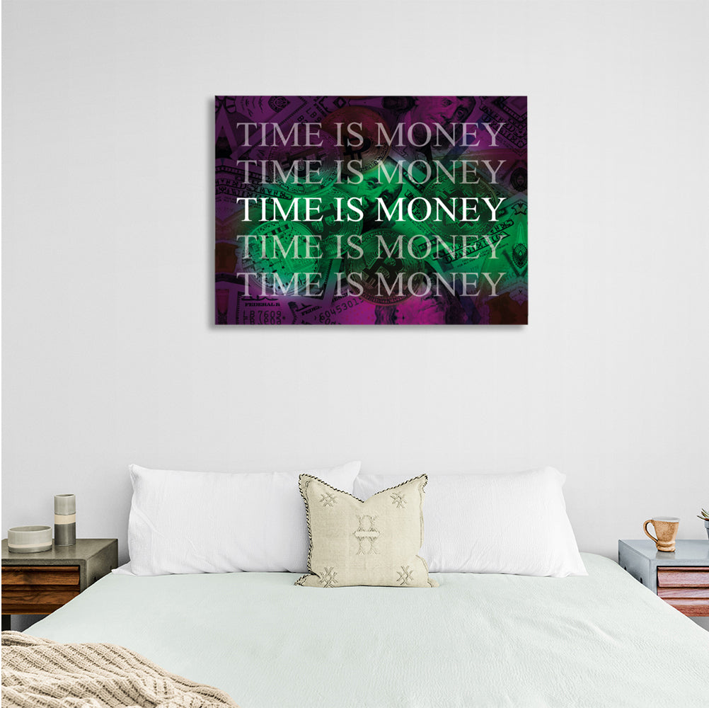 Dollars and bitcoin time is money on a purple background Inspirational  Canvas Wall Art Print