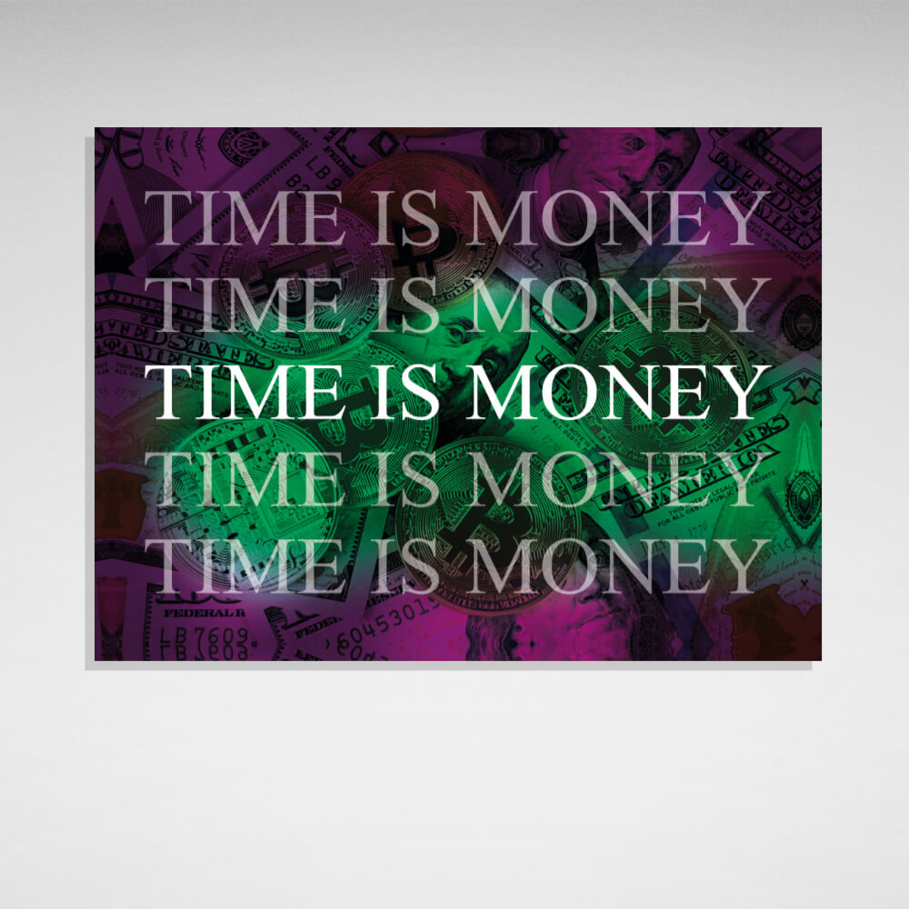 Dollars and bitcoin time is money on a purple background Inspirational  Canvas Wall Art Print