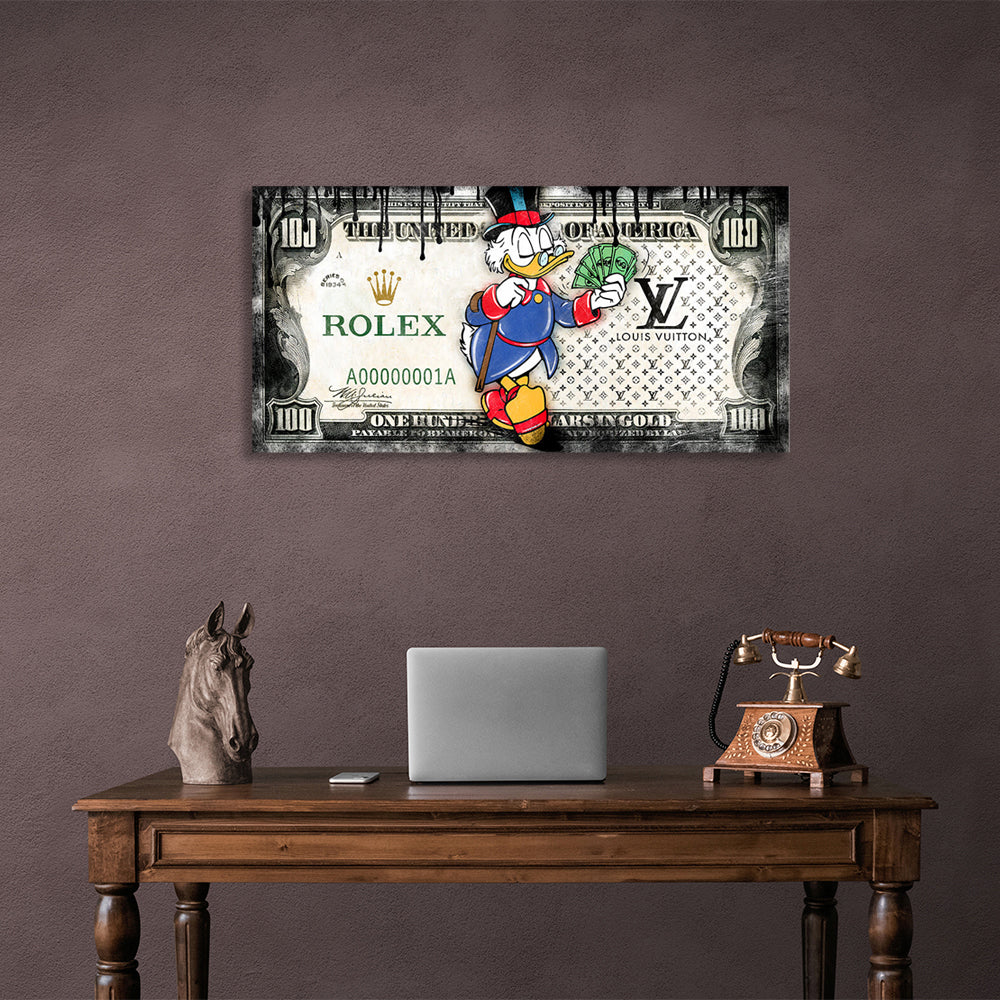 $100 Scrooge black and white Inspirational Canvas Wall Art Print