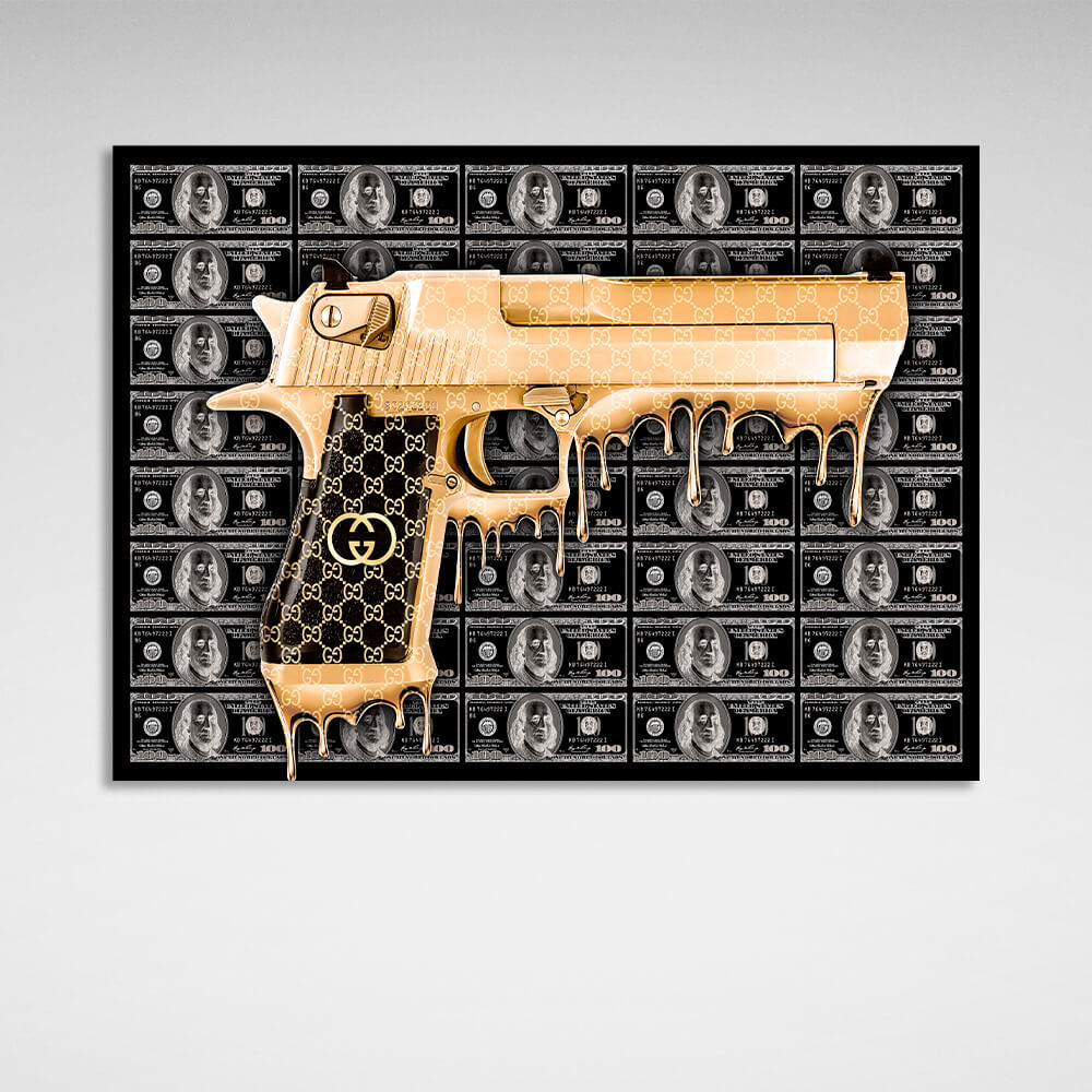 A gold gun against a background of black dollars Inspirational Canvas Wall Art Print