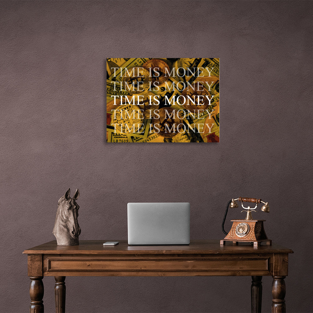 Dollars and bitcoin time money on a yellow background Motivational Canvas Wall Art Print